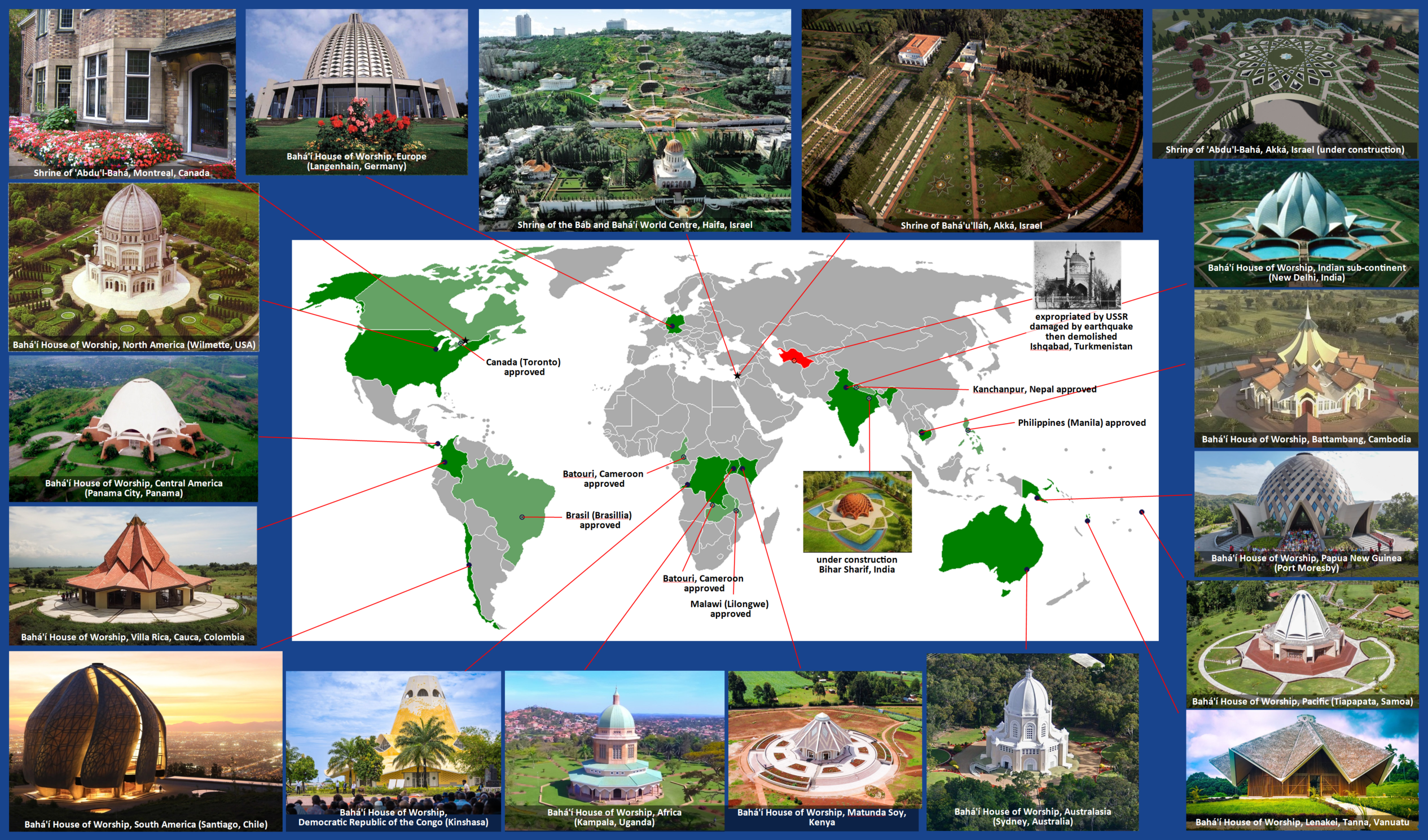 world map showing Bahá’í Places of Interest